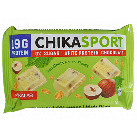 Шоколад протеиновый белый с фундуком и кукурузными чипсами Chikalab ChikaSport 100г