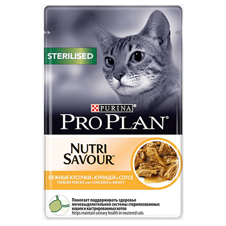 Влажный корм для взрослых стерилизованных кошек и кастрированный котов Pro Plan Nutri Savour Sterilised Нежные кусочки с курицей в соусе 85г