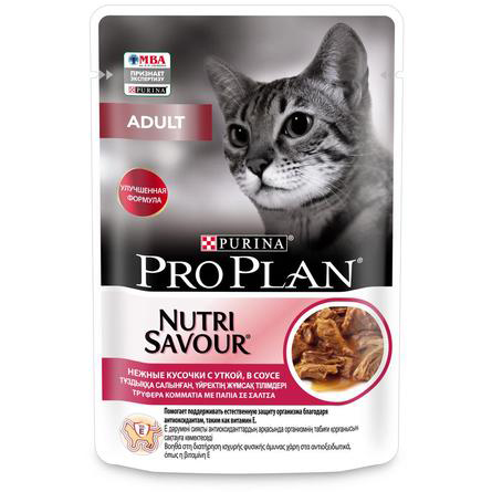 Влажный корм Pro plan nutri savour для взрослых кошек, нежные кусочки с уткой, в соусе, 85 гр